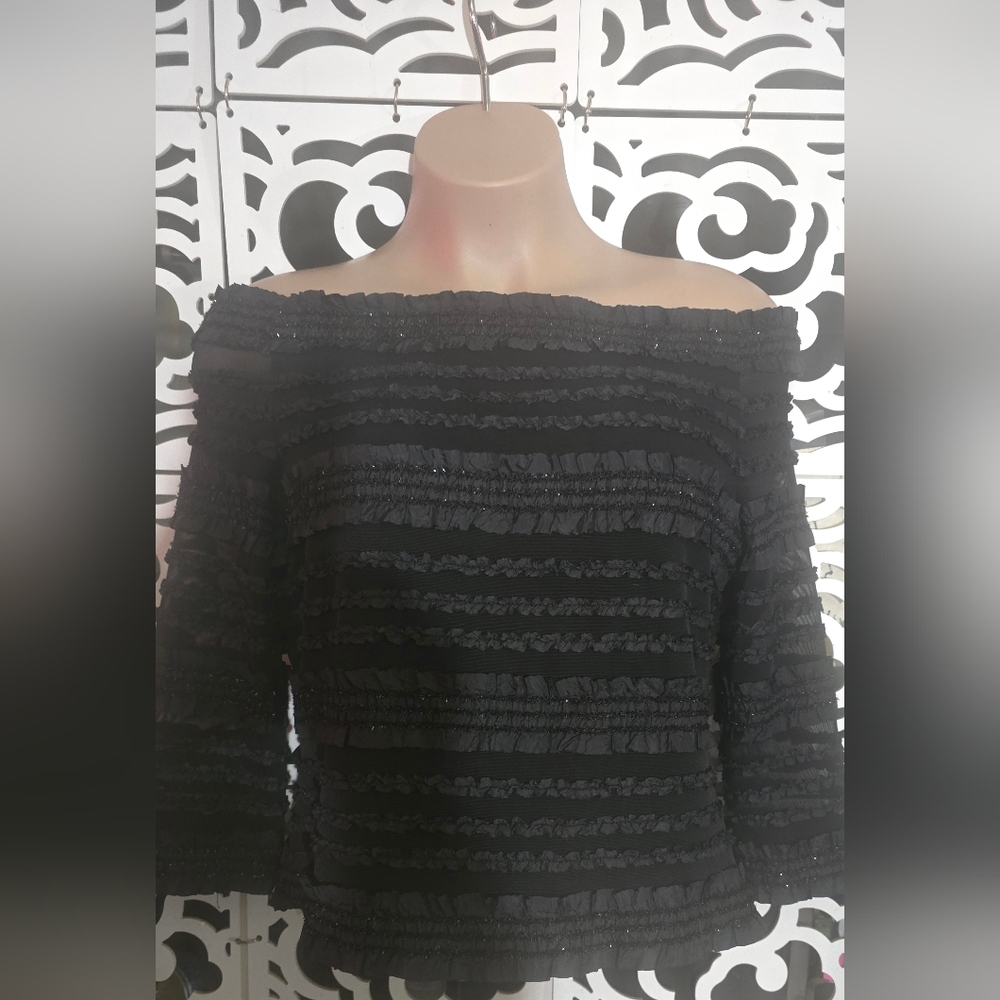 Stunning Cattiva Black Mesh Shimmery Ruffled Off Shoulder Semi-Formal Top XL